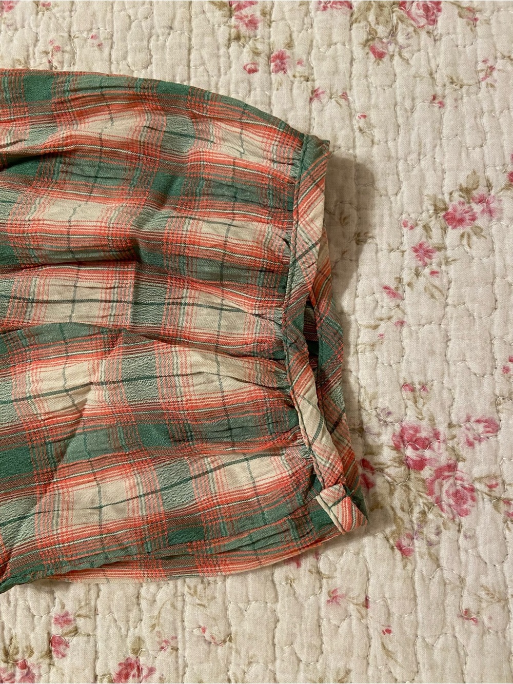 NWT Umgee Green/Pink Plaid Crinkle Babydoll Top - Picture 6 of 7
